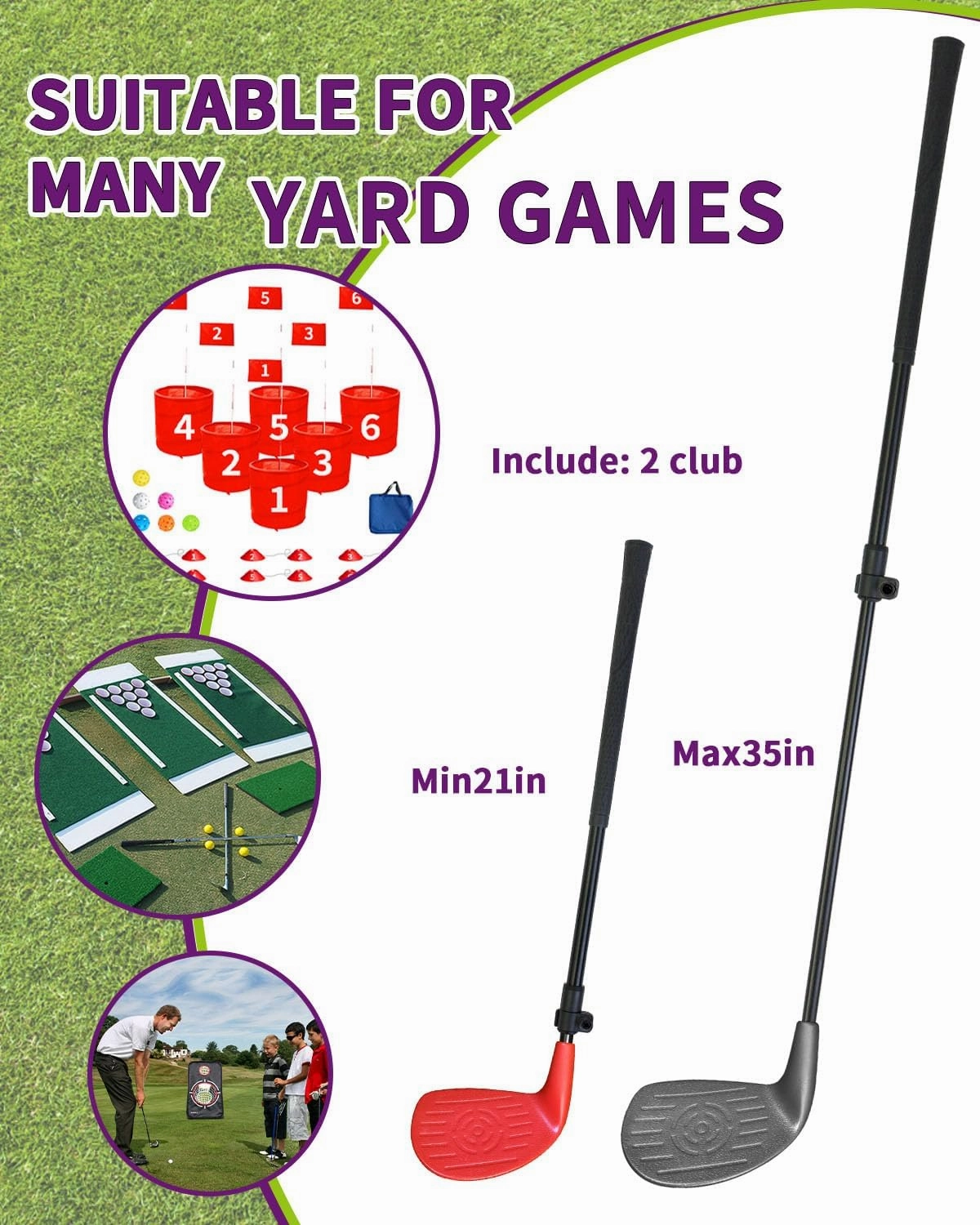 KOFULL Golf Bucket Clubs with Extendable Shaft 2 Packs– Backyard Outdoor Golf Club with Oversize Club Head for Golf Game with Buckets – Length Adjustable for Family – Right-Handed Training 21"-36"