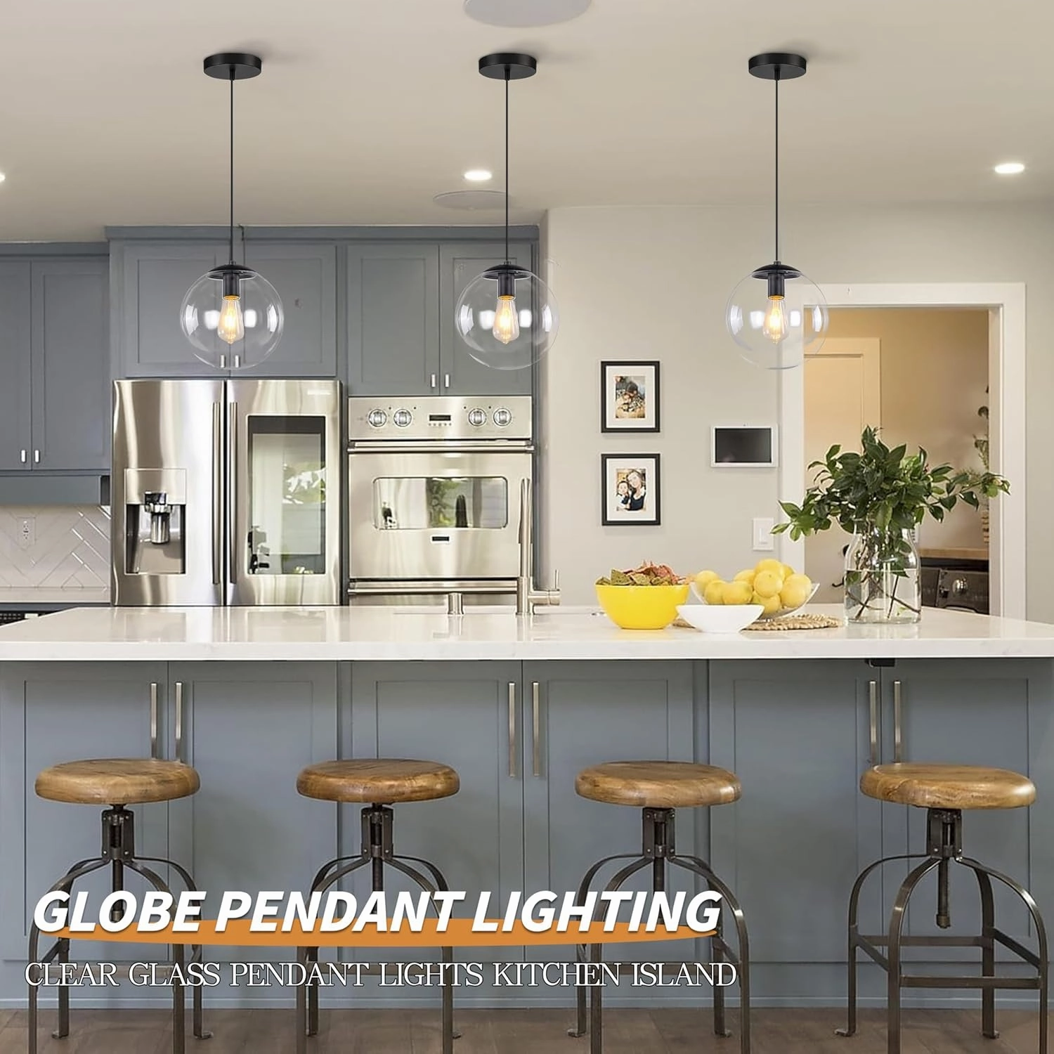 KoKo&Yukina 8 inch Globe Pendant Lighting for Kitchen Island Mid Century Modern Hanging Light Fixture with Clear Globe Glass Black Industrial Hanging Ceiling Lights for Bathroom Entryway (Bulb Incl.)
