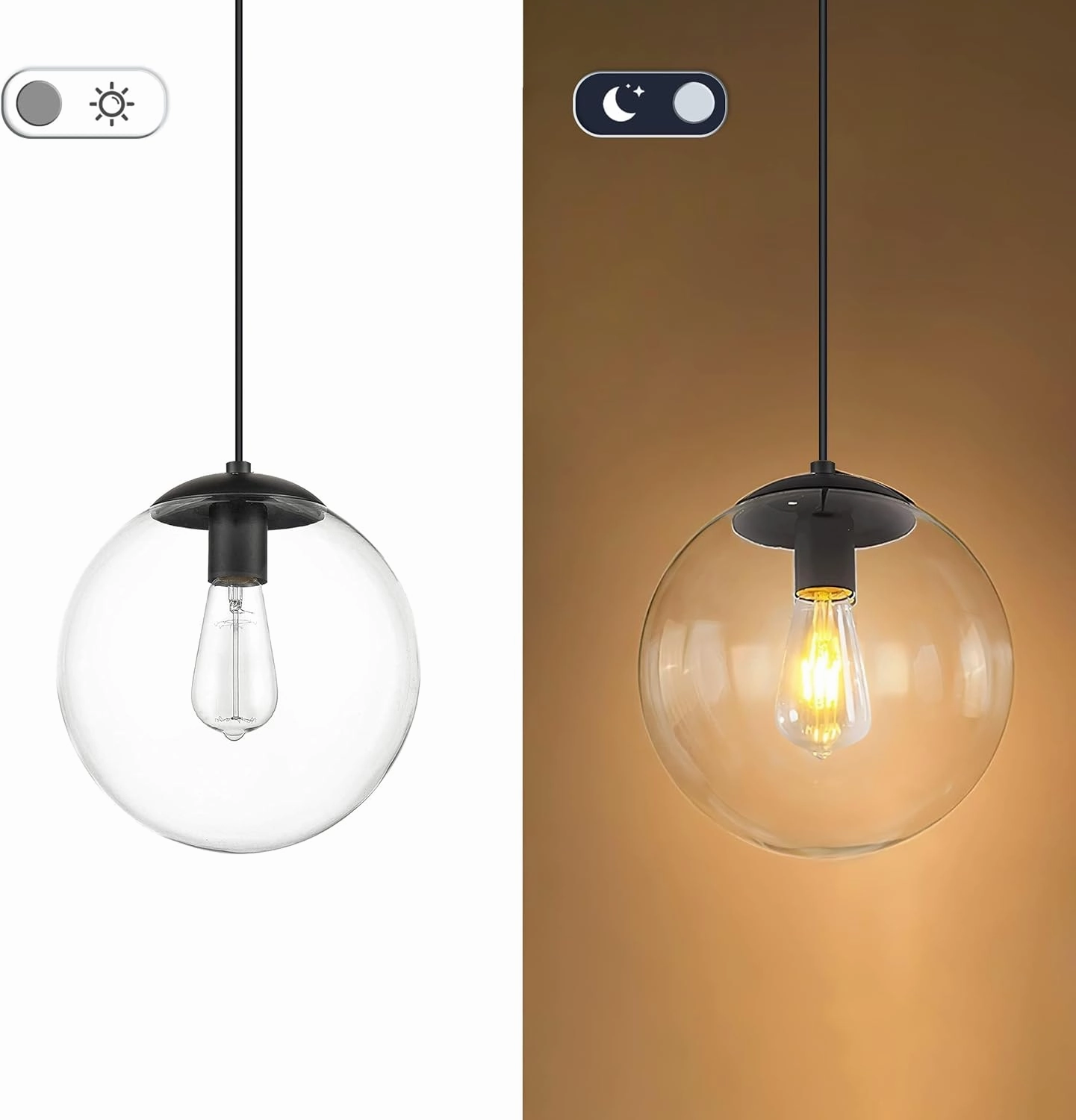 KoKo&Yukina 8 inch Globe Pendant Lighting for Kitchen Island Mid Century Modern Hanging Light Fixture with Clear Globe Glass Black Industrial Hanging Ceiling Lights for Bathroom Entryway (Bulb Incl.)