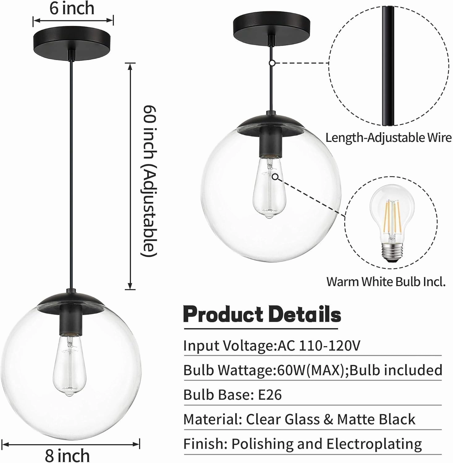 KoKo&Yukina 8 inch Globe Pendant Lighting for Kitchen Island Mid Century Modern Hanging Light Fixture with Clear Globe Glass Black Industrial Hanging Ceiling Lights for Bathroom Entryway (Bulb Incl.)