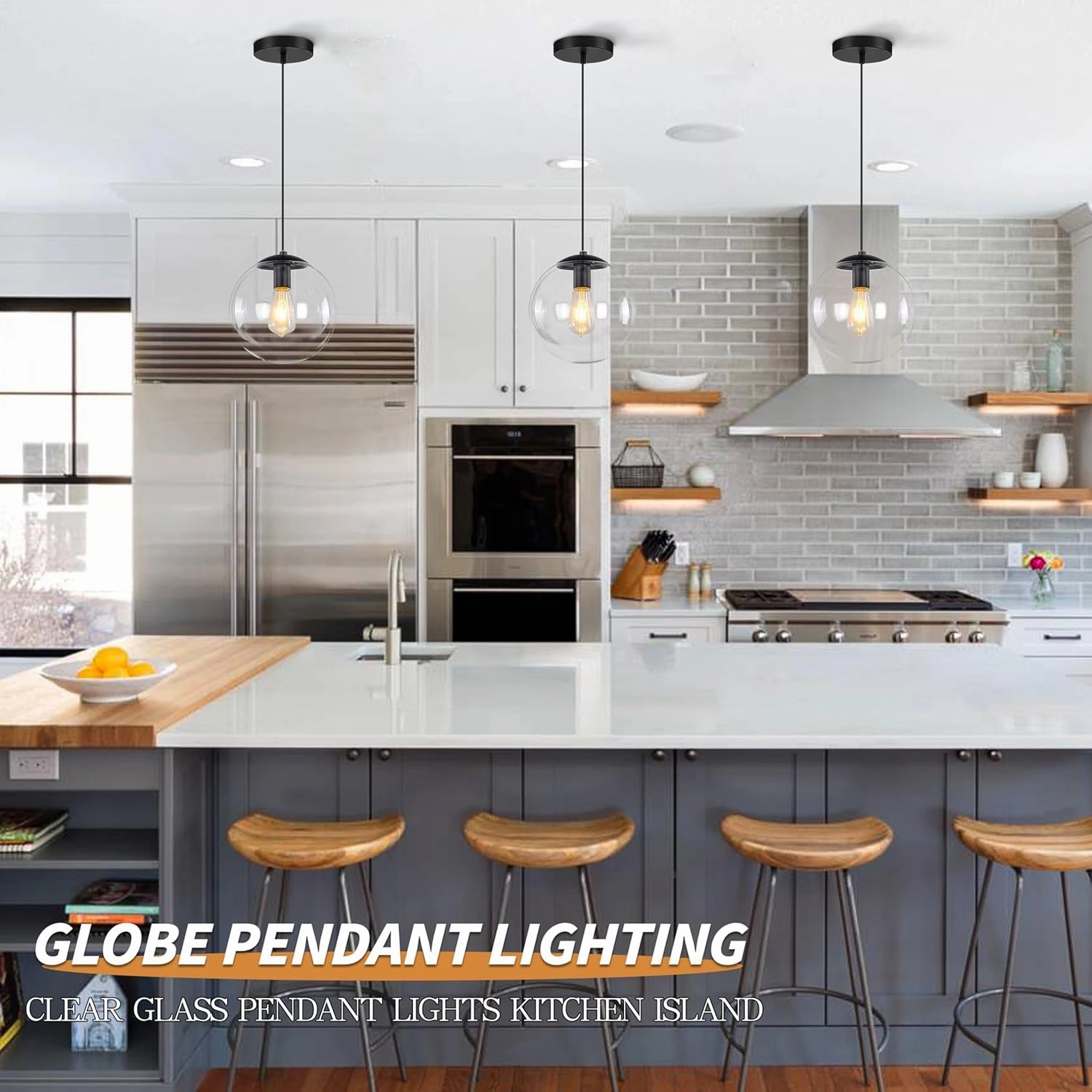 KoKo&Yukina 8 inch Globe Pendant Lighting for Kitchen Island Mid Century Modern Hanging Light Fixture with Clear Globe Glass Black Industrial Hanging Ceiling Lights for Bathroom Entryway (Bulb Incl.)