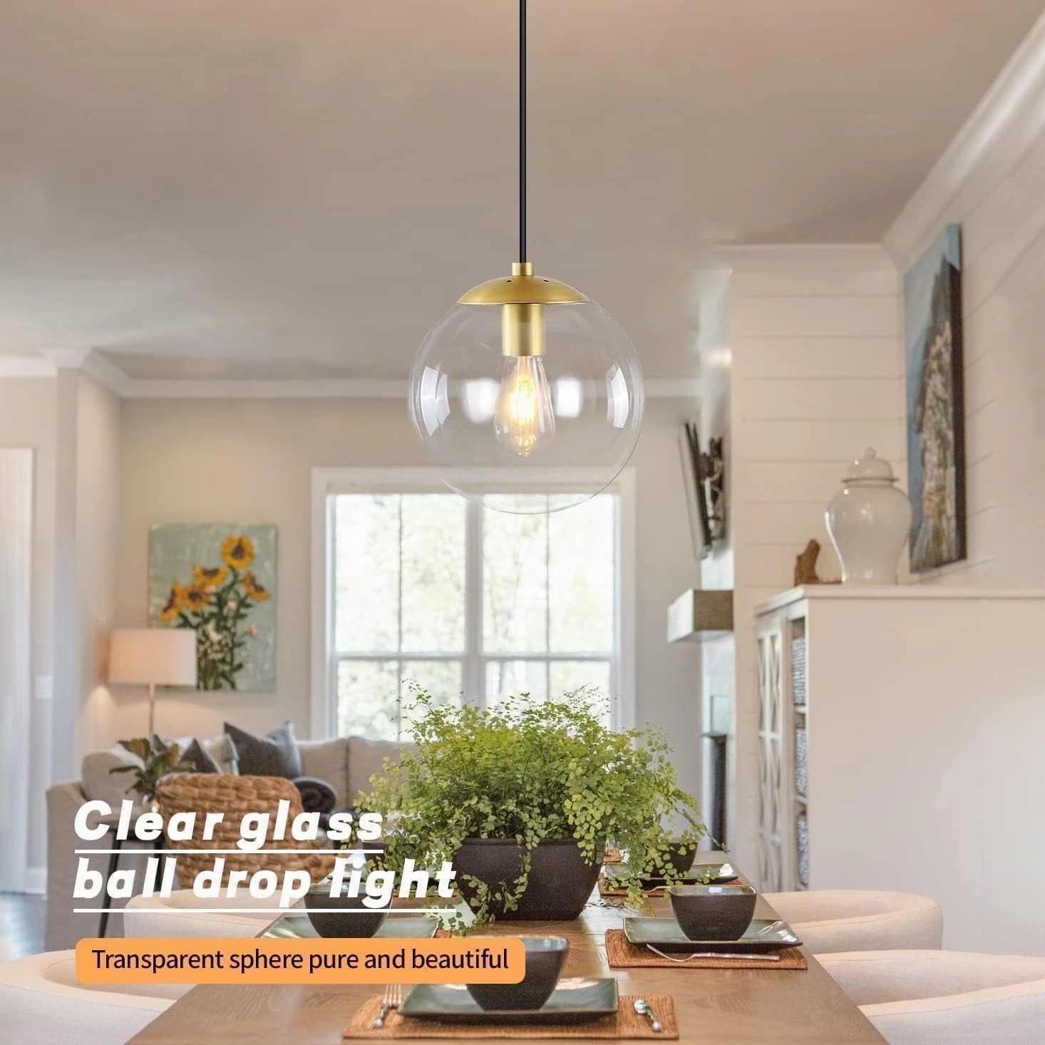 KoKo&Yukina Globe Pendant Lighting for Kitchen Island Mid Century Modern Hanging Light Fixture with Clear Globe Glass Gold Brass Hanging Ceiling Lights for Sink Bathroom Entryway