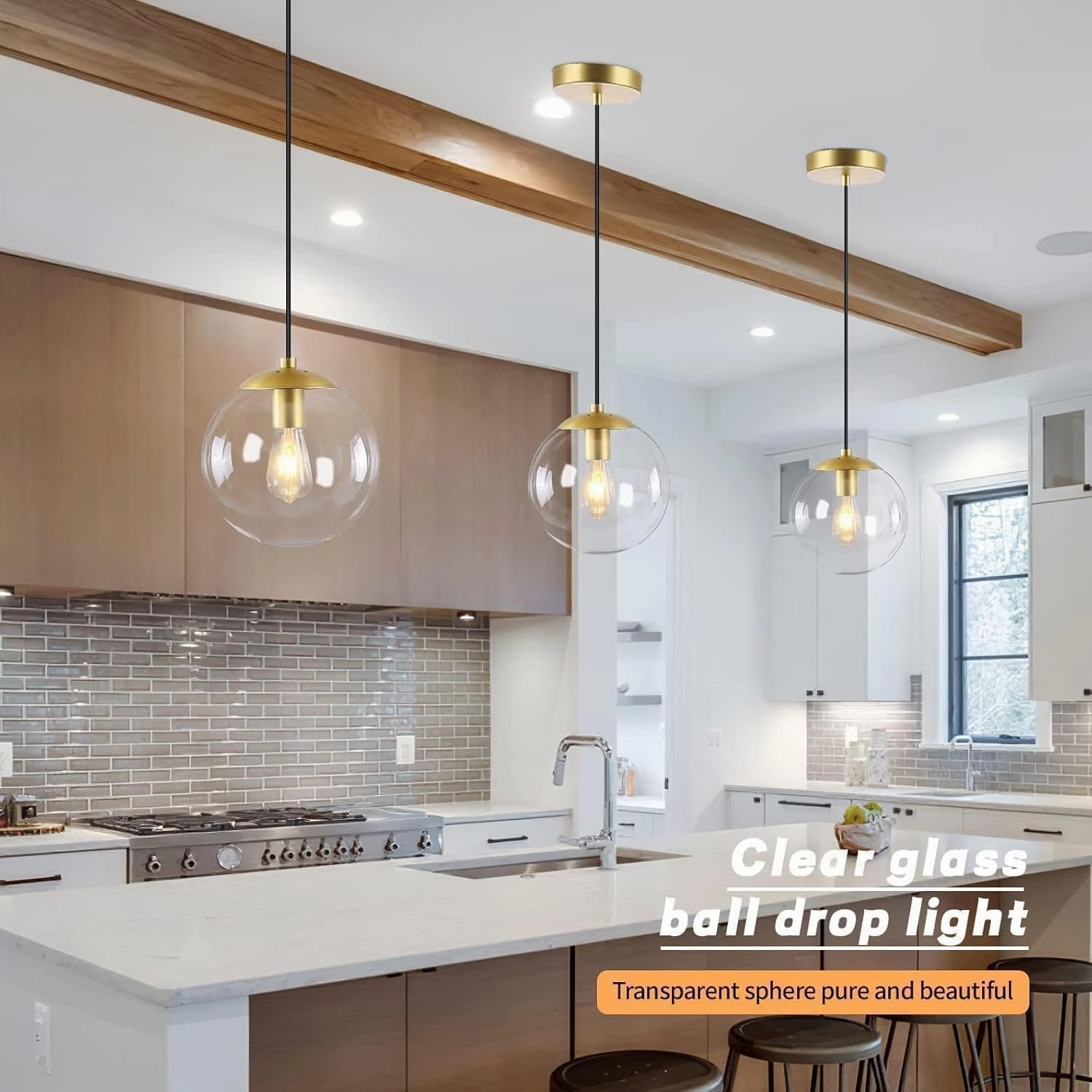 KoKo&Yukina Globe Pendant Lighting for Kitchen Island Mid Century Modern Hanging Light Fixture with Clear Globe Glass Gold Brass Hanging Ceiling Lights for Sink Bathroom Entryway
