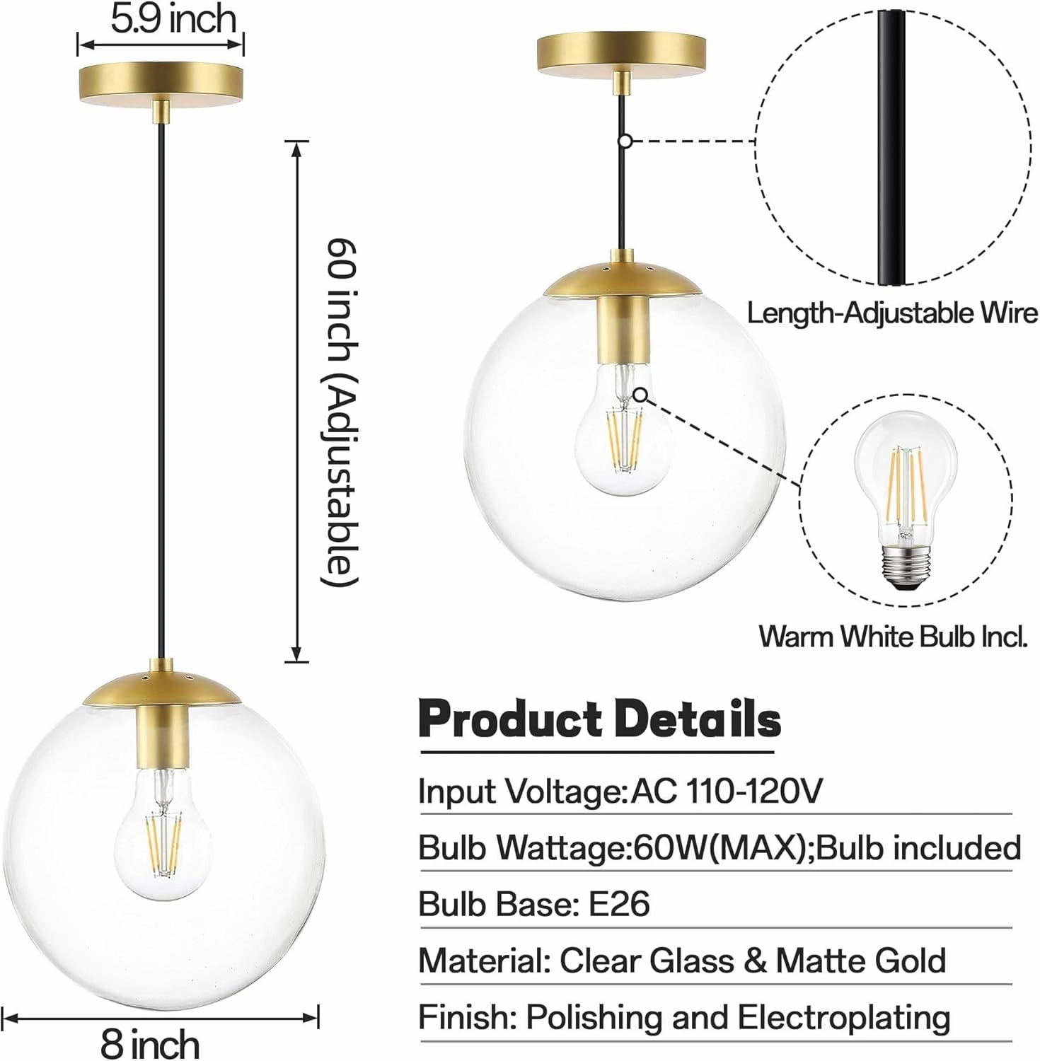 KoKo&Yukina Globe Pendant Lighting for Kitchen Island Mid Century Modern Hanging Light Fixture with Clear Globe Glass Gold Brass Hanging Ceiling Lights for Sink Bathroom Entryway