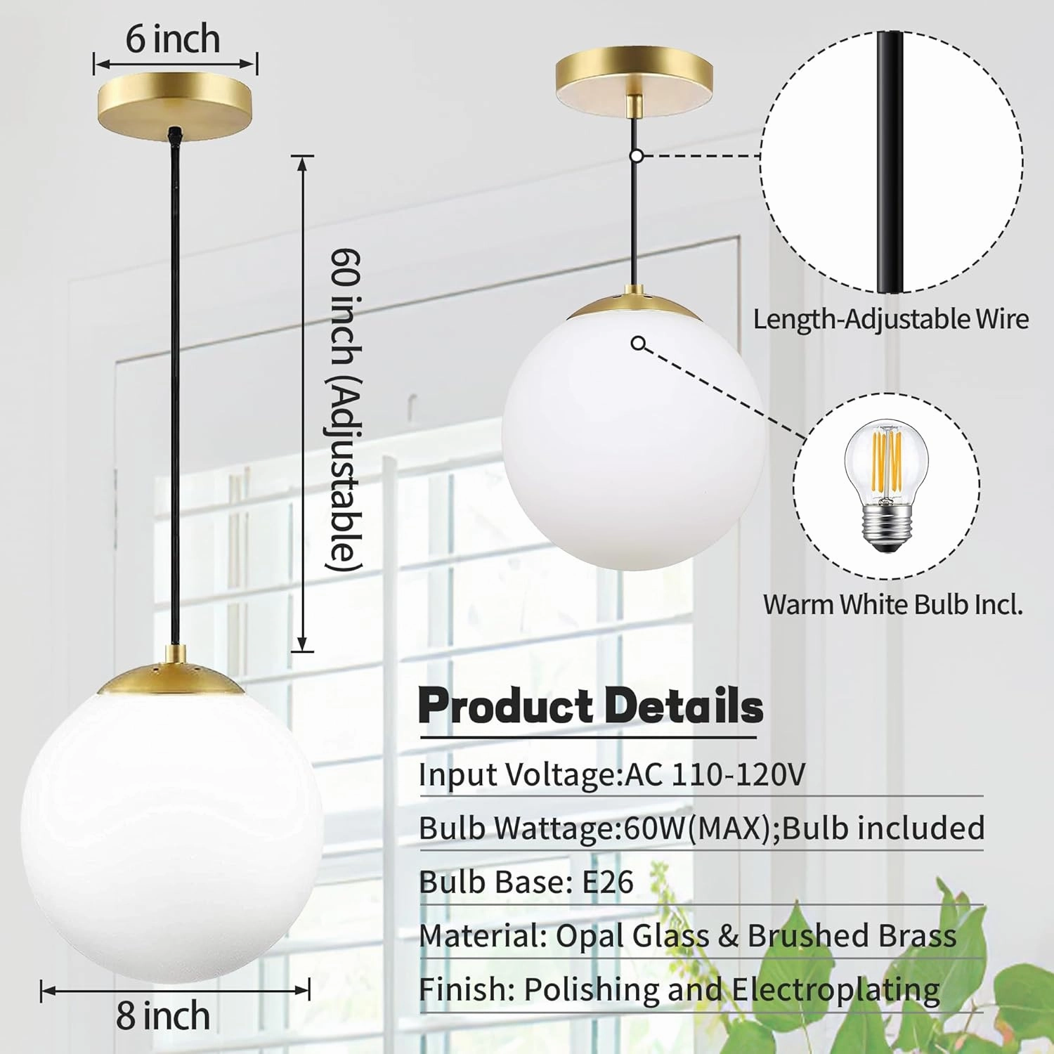 KoKo&Yukina Modern Globe Pendant Light White Glass with Brass Finish Contemporary Mid Century Adjustable Hanging Light Fixture for Living Room Bedroom Bathroom Kitchen