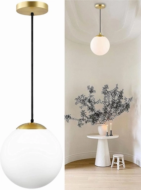KoKo&Yukina Modern Globe Pendant Light White Glass with Brass Finish Contemporary Mid Century Adjustable Hanging Light Fixture for Living Room Bedroom Bathroom Kitchen