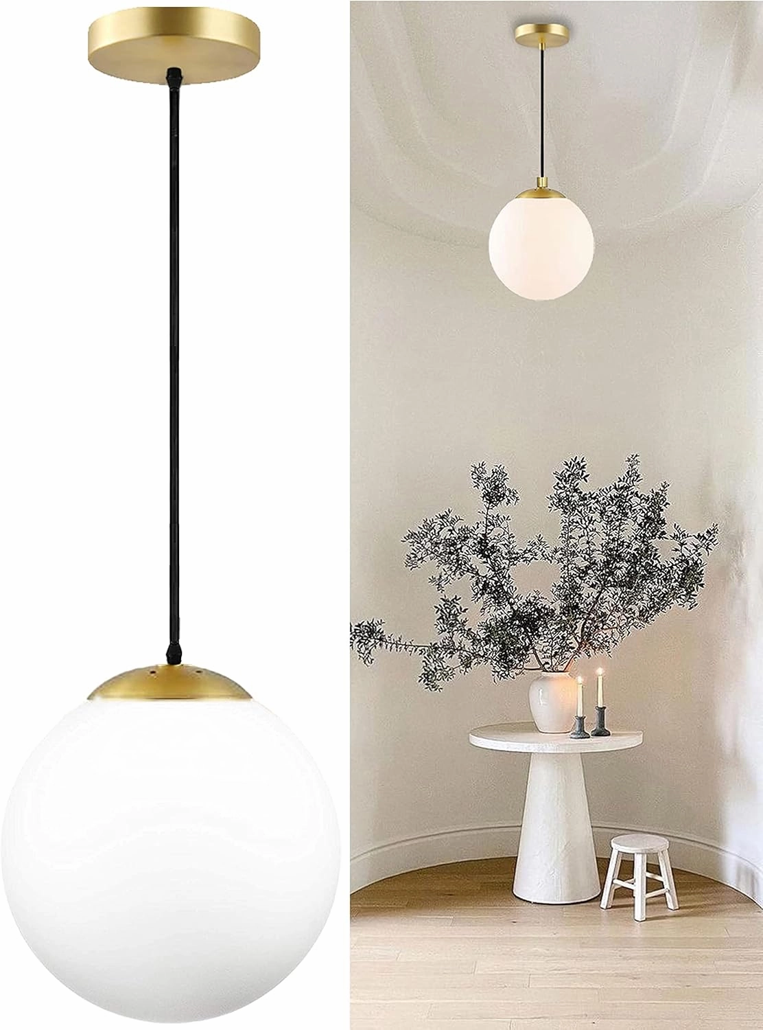 KoKo&Yukina Modern Globe Pendant Light White Glass with Brass Finish Contemporary Mid Century Adjustable Hanging Light Fixture for Living Room Bedroom Bathroom Kitchen