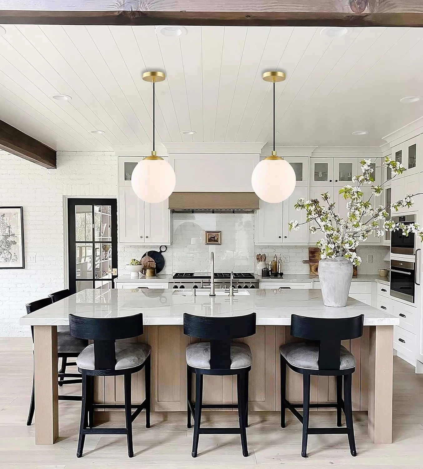 KoKo&Yukina Modern Globe Pendant Light White Glass with Brass Finish Contemporary Mid Century Adjustable Hanging Light Fixture for Living Room Bedroom Bathroom Kitchen