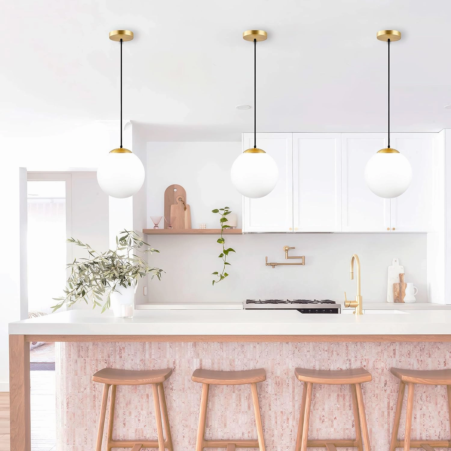 KoKo&Yukina Modern Globe Pendant Light White Glass with Brass Finish Contemporary Mid Century Adjustable Hanging Light Fixture for Living Room Bedroom Bathroom Kitchen