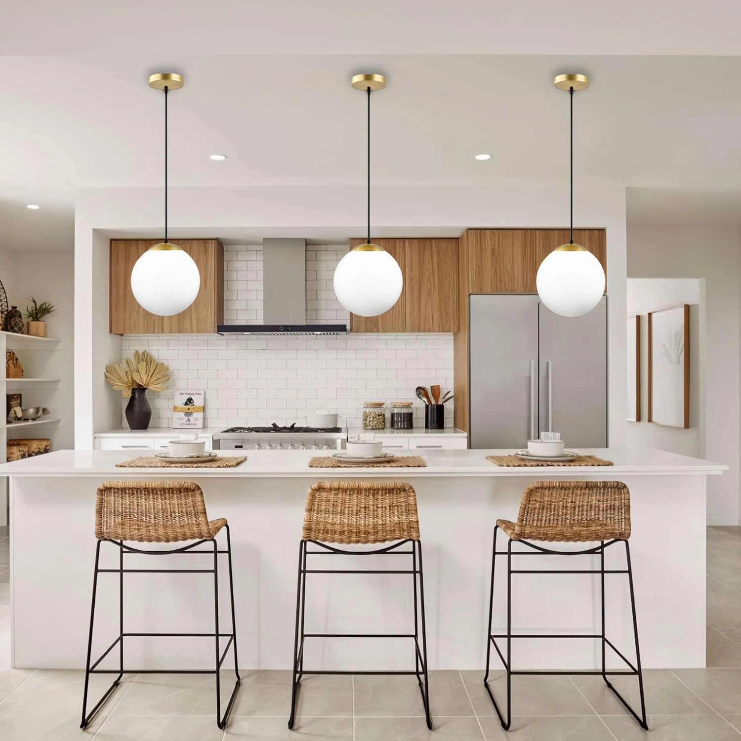 KoKo&Yukina Modern Globe Pendant Light White Glass with Brass Finish Contemporary Mid Century Adjustable Hanging Light Fixture for Living Room Bedroom Bathroom Kitchen