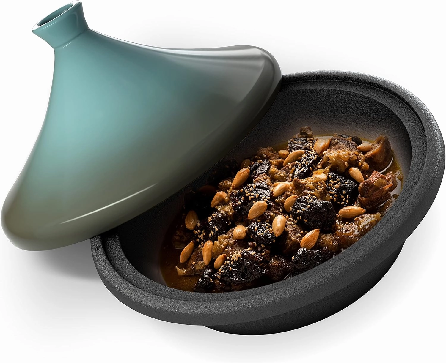 KooK Moroccan Tagine, Enameled Cast Iron Cooking Pot, Tajine with Ceramic Cone-Shaped Closed Lid, 3.3 QT, (Stone Blue)