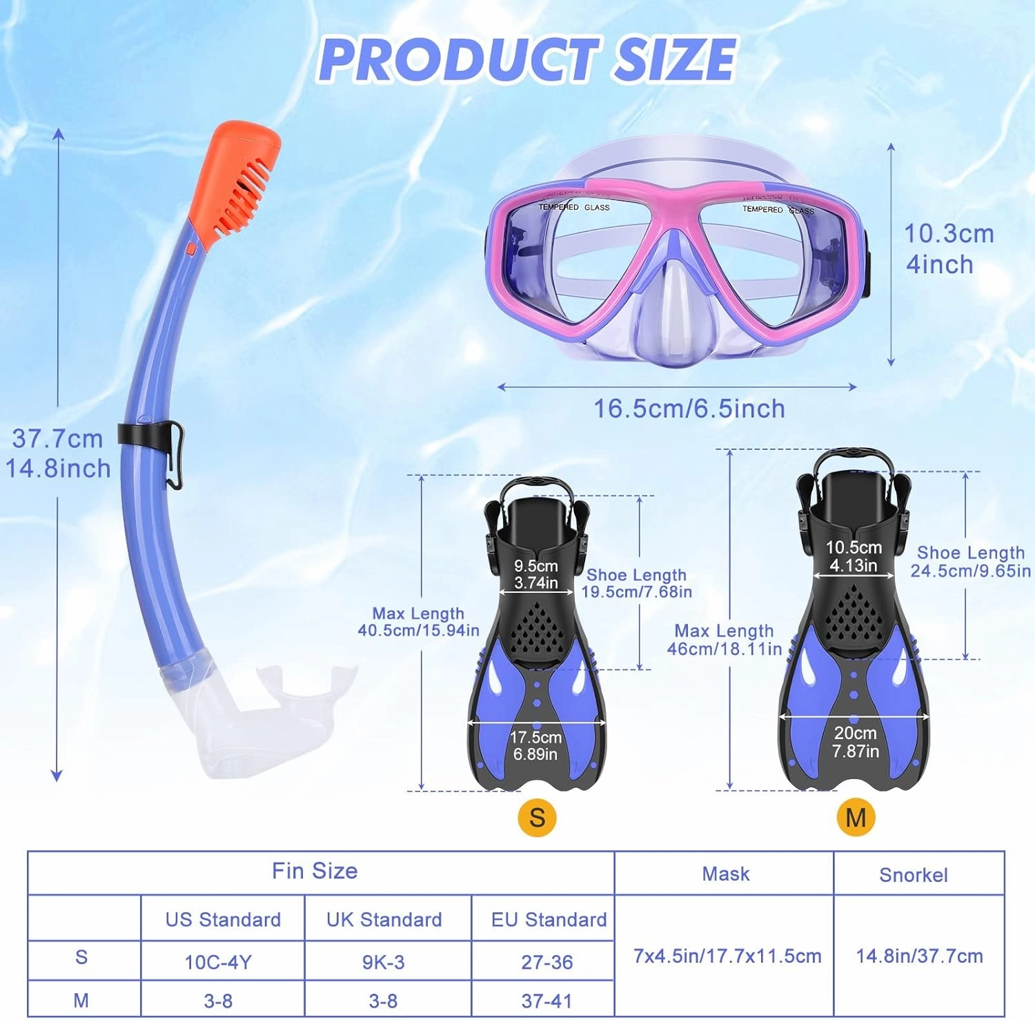 KUYOU Youth Snorkel Set for Ages 7-16, Snorkeling Gear for Kids with Panoramic View Mask Anti-Fog Anti-Leak, Full Dry Top Snorkel, Fins and Travel Bag for Swimming, Snorkeling and Travel Diving