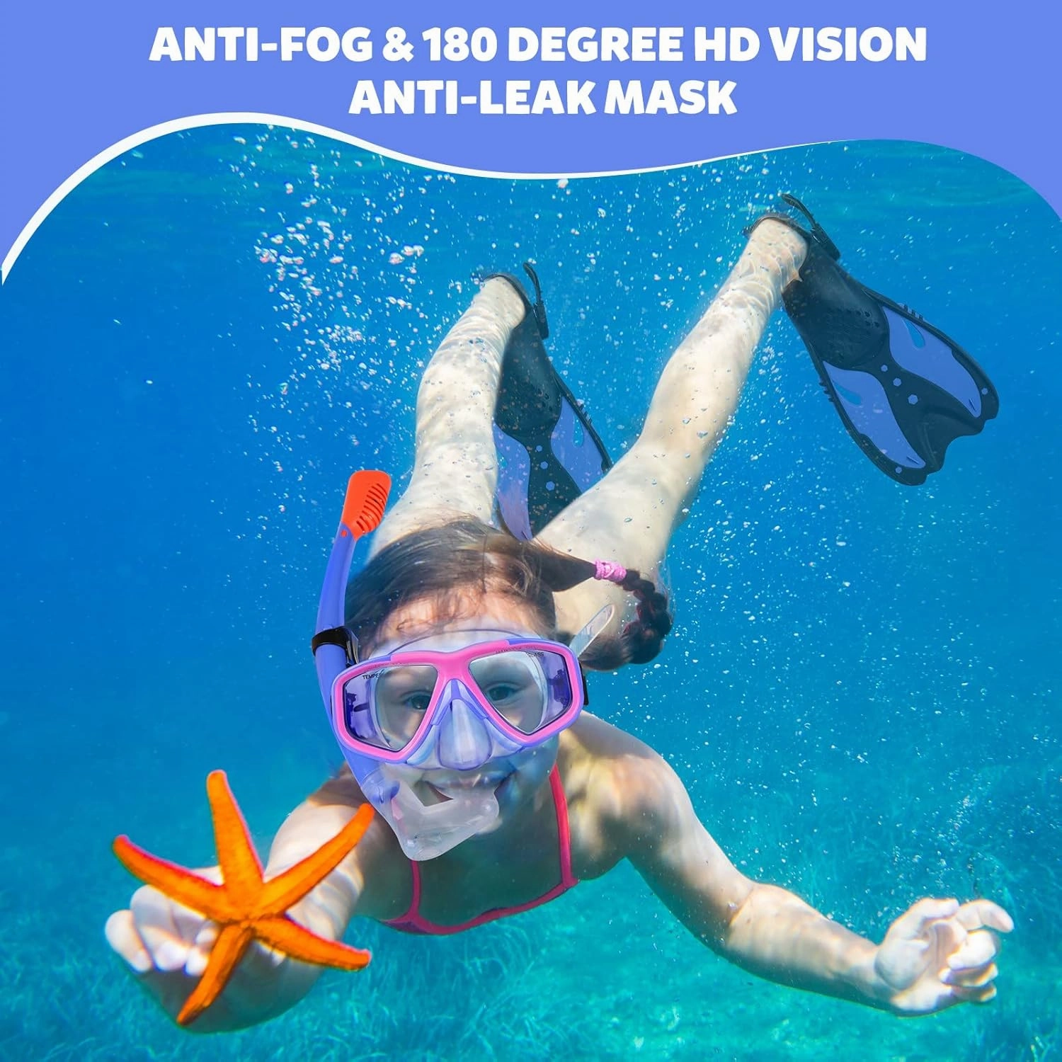 KUYOU Youth Snorkel Set for Ages 7-16, Snorkeling Gear for Kids with Panoramic View Mask Anti-Fog Anti-Leak, Full Dry Top Snorkel, Fins and Travel Bag for Swimming, Snorkeling and Travel Diving