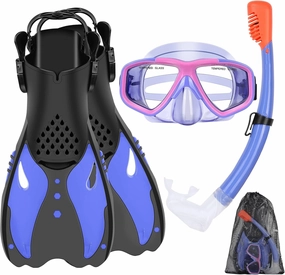 KUYOU Youth Snorkel Set for Ages 7-16, Snorkeling Gear for Kids with Panoramic View Mask Anti-Fog Anti-Leak, Full Dry Top Snorkel, Fins and Travel Bag for Swimming, Snorkeling and Travel Diving