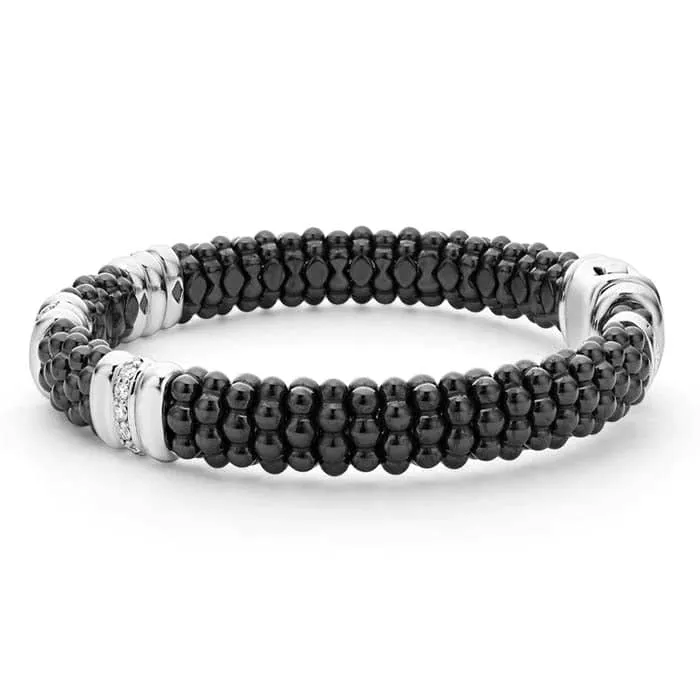 LAGOS Black Ceramic Caviar Three Station Diamond Bracelet in Sterling Silver
