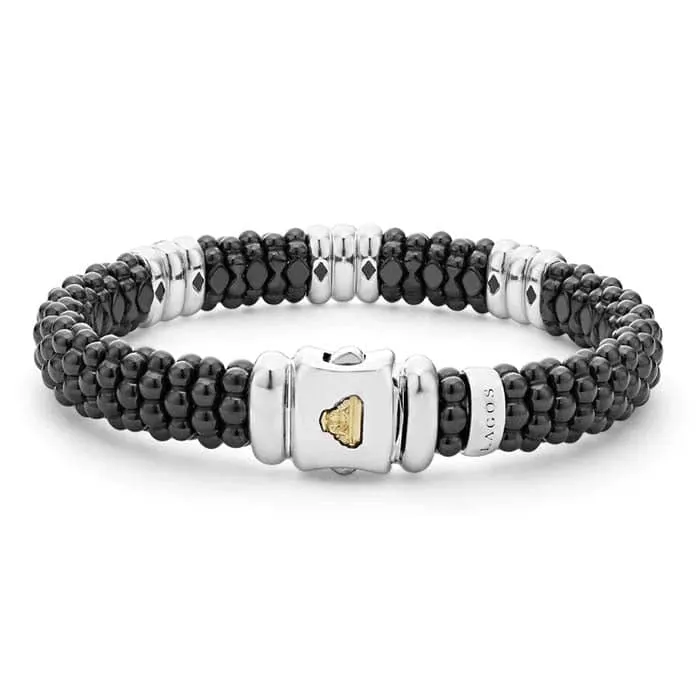 LAGOS Black Ceramic Caviar Three Station Diamond Bracelet in Sterling Silver
