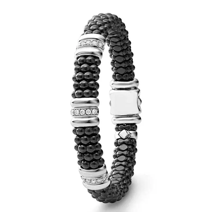 LAGOS Black Ceramic Caviar Three Station Diamond Bracelet in Sterling Silver
