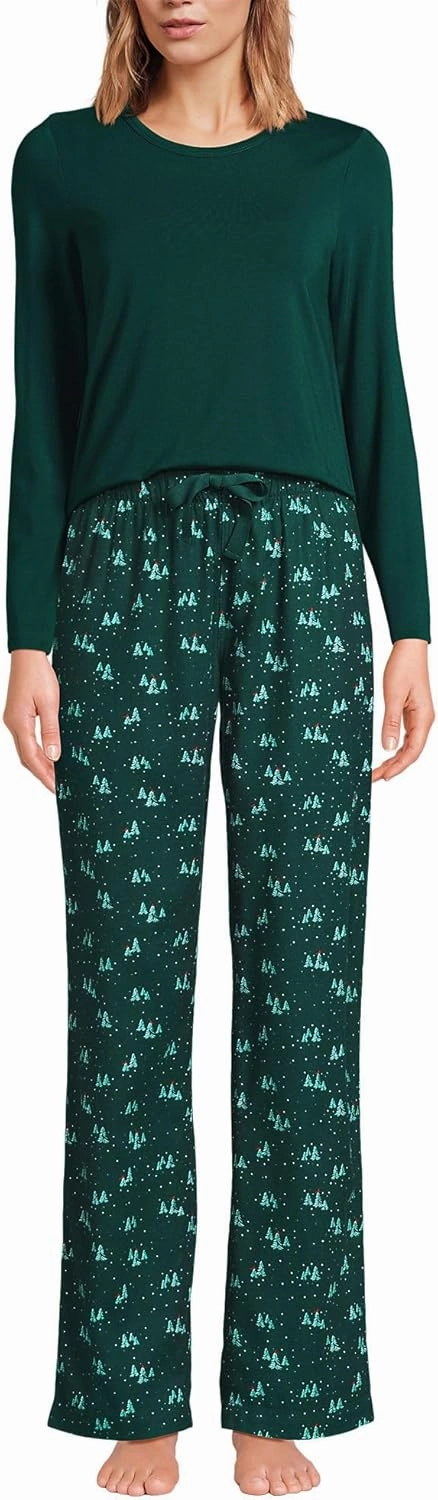 Lands' End Women's Pajama Set Knit Long Sleeve T-Shirt and Flannel Pants