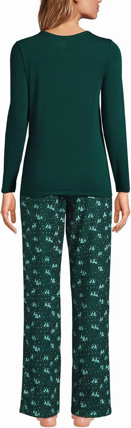 Lands' End Women's Pajama Set Knit Long Sleeve T-Shirt and Flannel Pants
