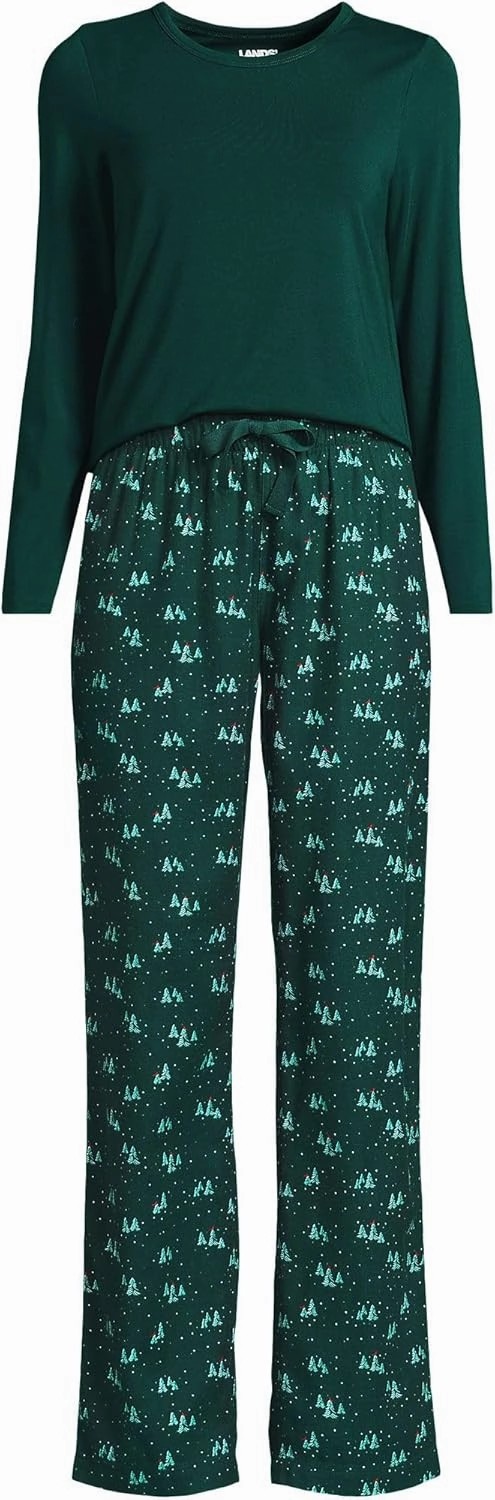 Lands' End Women's Pajama Set Knit Long Sleeve T-Shirt and Flannel Pants