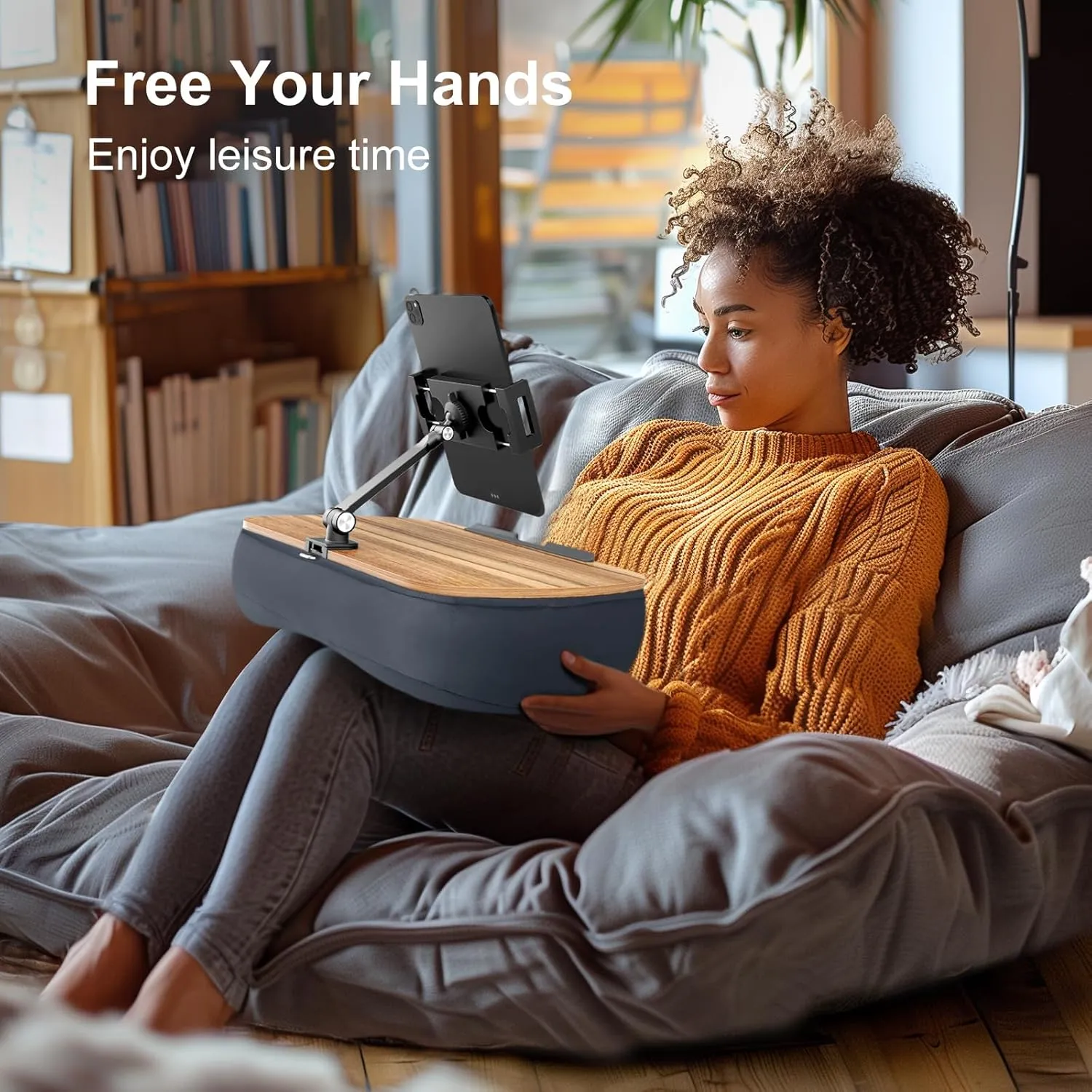 Lap Beanbag Cozy Kindle Pillow Stand for Bed with Adjustable Arm, 360° Tablet Holder, Fits 4.7"-13" Kindle, iPad, Phone, Lap Desk for Hands Free Reading in Bed, Couch, Sofa,Gray