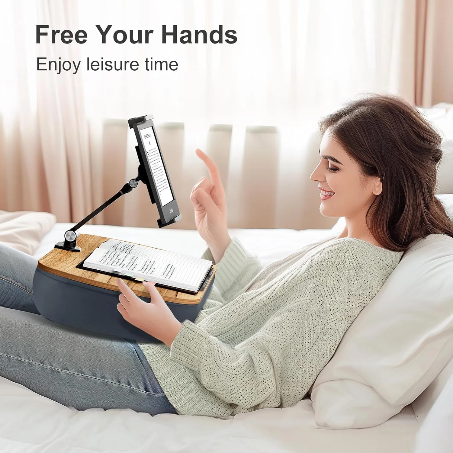Lap Beanbag Cozy Kindle Pillow Stand for Bed with Adjustable Arm, 360° Tablet Holder, Fits 4.7"-13" Kindle, iPad, Phone, Lap Desk for Hands Free Reading in Bed, Couch, Sofa,Gray