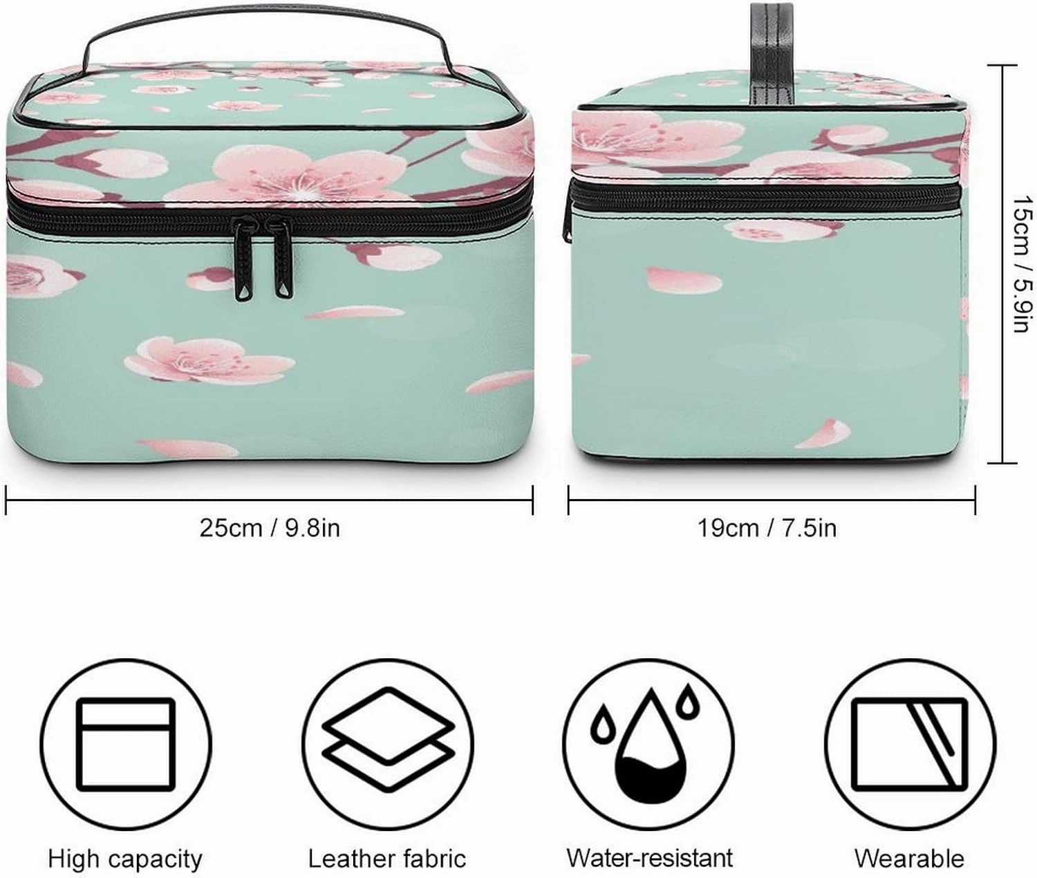 Large Women Wash Bag, Cosmetic Organizer Train Toiletry Storage Case Holder Zipper Makeup Bag Pouch 9.8x7.5x5.9 in Print Pink Cherry Blossoms, Spring Flowers, Falling Petals on Turquoise