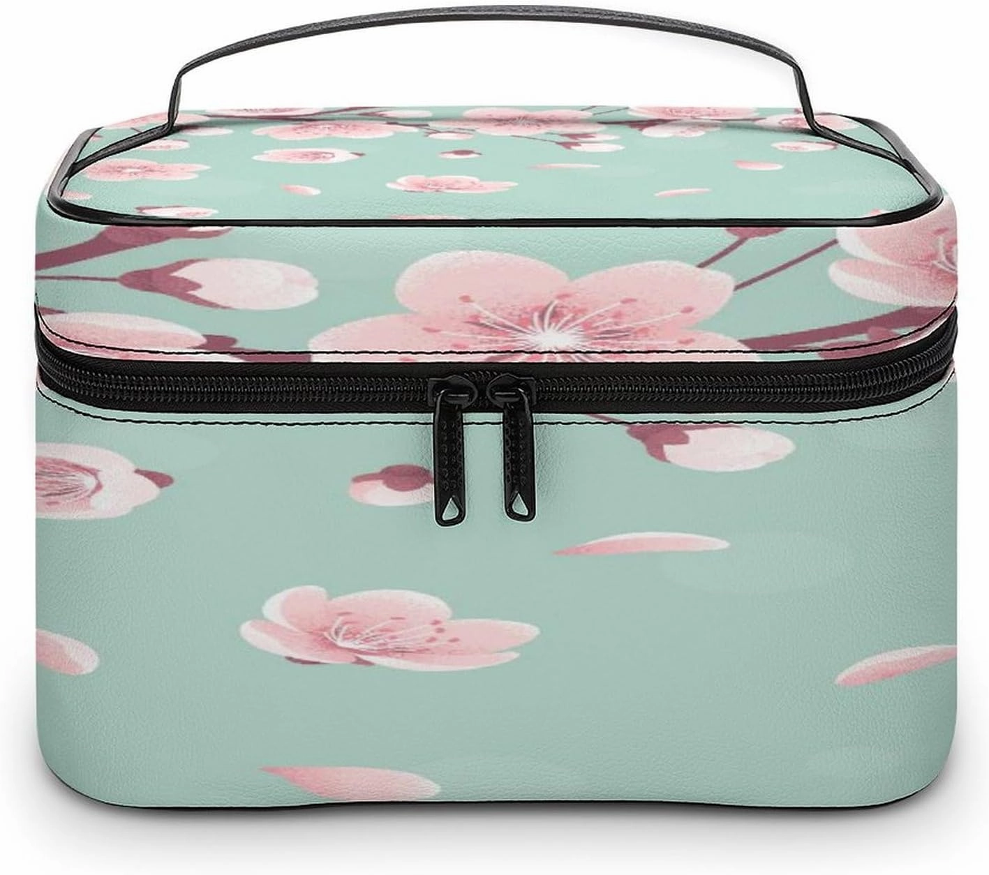 Large Women Wash Bag, Cosmetic Organizer Train Toiletry Storage Case Holder Zipper Makeup Bag Pouch 9.8x7.5x5.9 in Print Pink Cherry Blossoms, Spring Flowers, Falling Petals on Turquoise