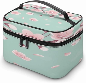 Large Women Wash Bag, Cosmetic Organizer Train Toiletry Storage Case Holder Zipper Makeup Bag Pouch 9.8x7.5x5.9 in Print Pink Cherry Blossoms, Spring Flowers, Falling Petals on Turquoise