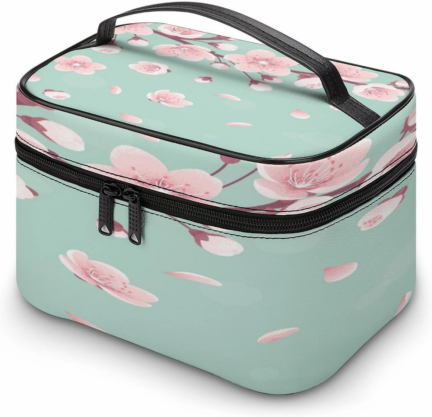 Large Women Wash Bag, Cosmetic Organizer Train Toiletry Storage Case Holder Zipper Makeup Bag Pouch 9.8x7.5x5.9 in Print Pink Cherry Blossoms, Spring Flowers, Falling Petals on Turquoise