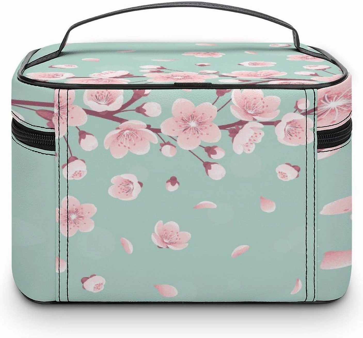 Large Women Wash Bag, Cosmetic Organizer Train Toiletry Storage Case Holder Zipper Makeup Bag Pouch 9.8x7.5x5.9 in Print Pink Cherry Blossoms, Spring Flowers, Falling Petals on Turquoise
