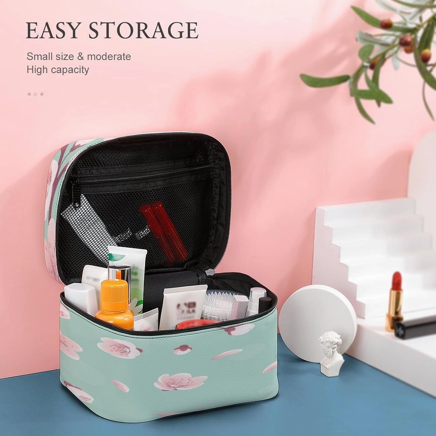 Large Women Wash Bag, Cosmetic Organizer Train Toiletry Storage Case Holder Zipper Makeup Bag Pouch 9.8x7.5x5.9 in Print Pink Cherry Blossoms, Spring Flowers, Falling Petals on Turquoise