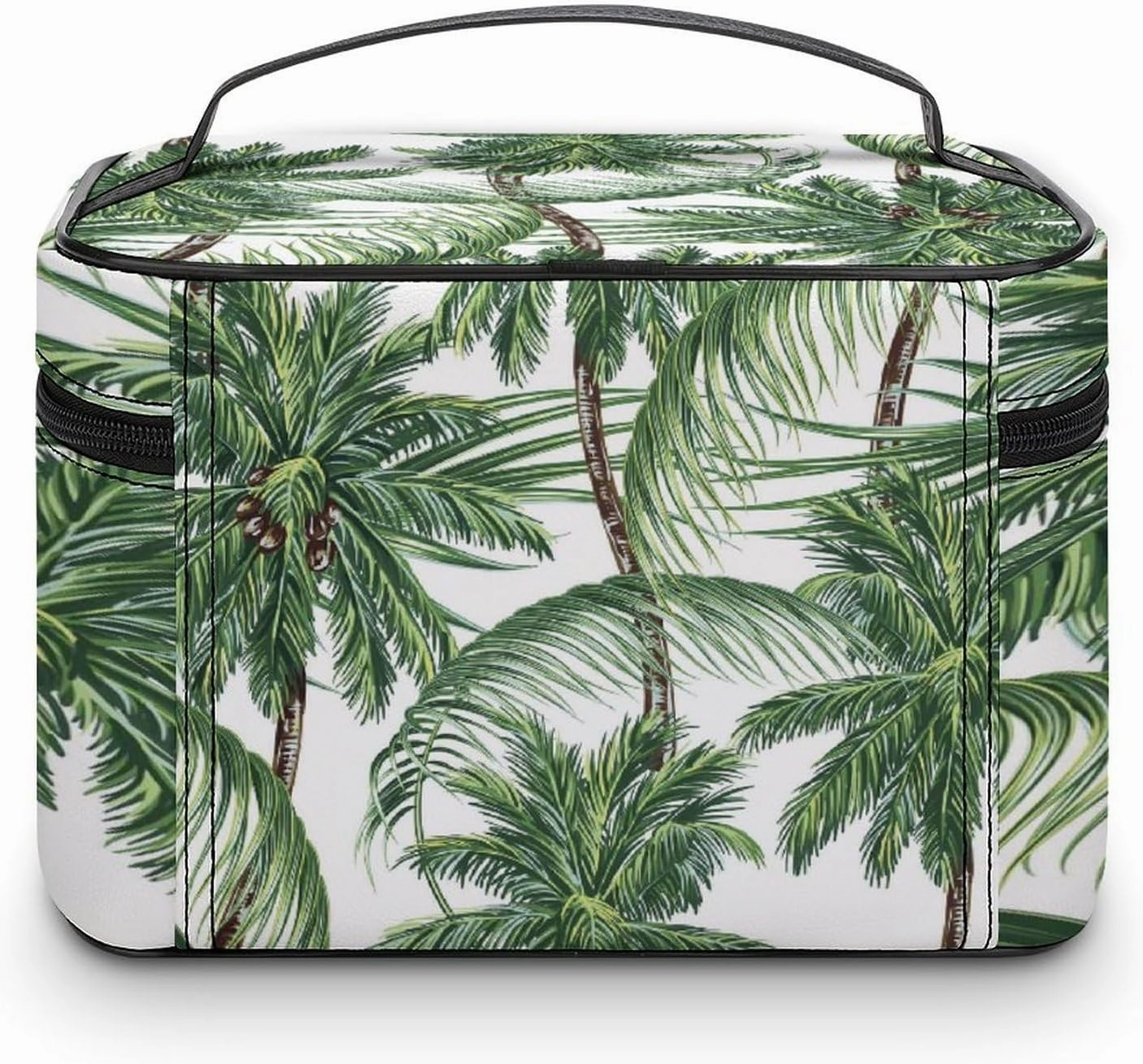 Large Women Wash Bag, Cosmetic Organizer Train Toiletry Storage Case Holder Zipper Makeup Bag Pouch 9.8x7.5x5.9 in Print Seamless Green Palm Trees Tropical Leaves on White