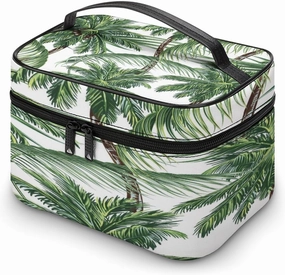 Large Women Wash Bag, Cosmetic Organizer Train Toiletry Storage Case Holder Zipper Makeup Bag Pouch 9.8x7.5x5.9 in Print Seamless Green Palm Trees Tropical Leaves on White