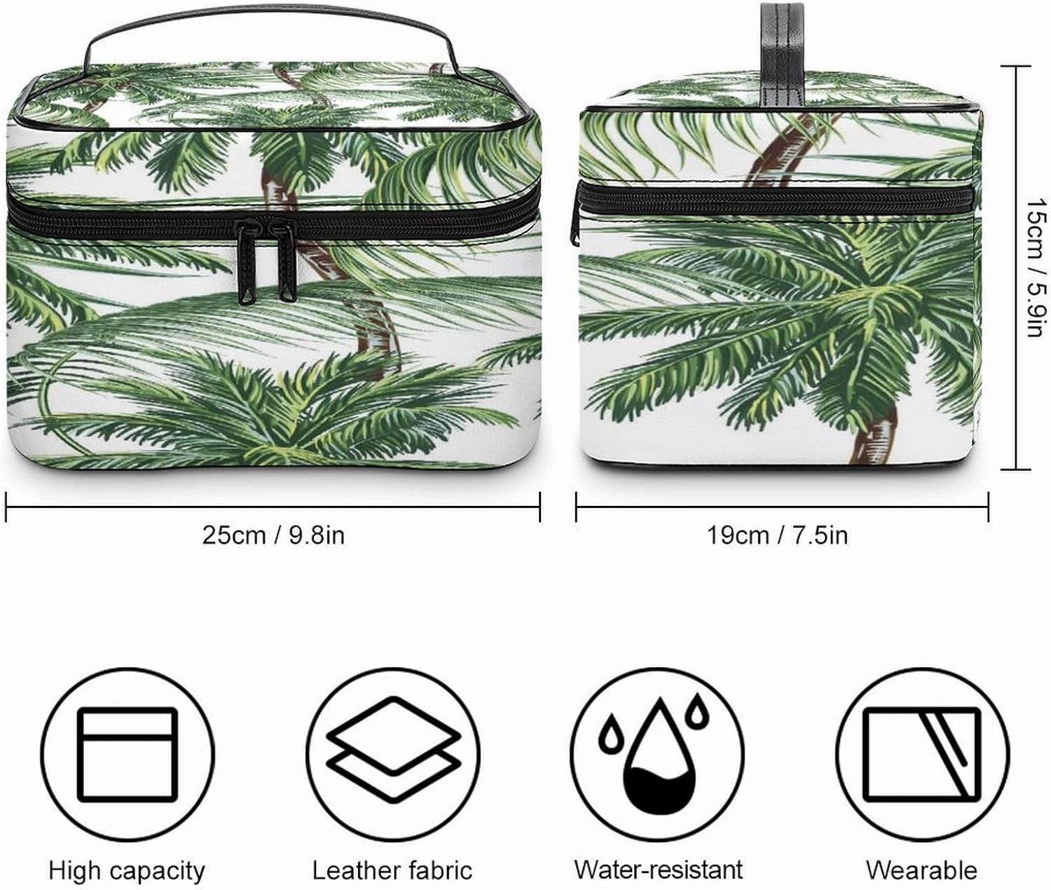 Large Women Wash Bag, Cosmetic Organizer Train Toiletry Storage Case Holder Zipper Makeup Bag Pouch 9.8x7.5x5.9 in Print Seamless Green Palm Trees Tropical Leaves on White