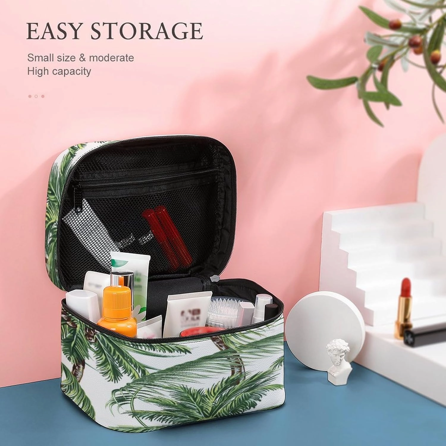 Large Women Wash Bag, Cosmetic Organizer Train Toiletry Storage Case Holder Zipper Makeup Bag Pouch 9.8x7.5x5.9 in Print Seamless Green Palm Trees Tropical Leaves on White