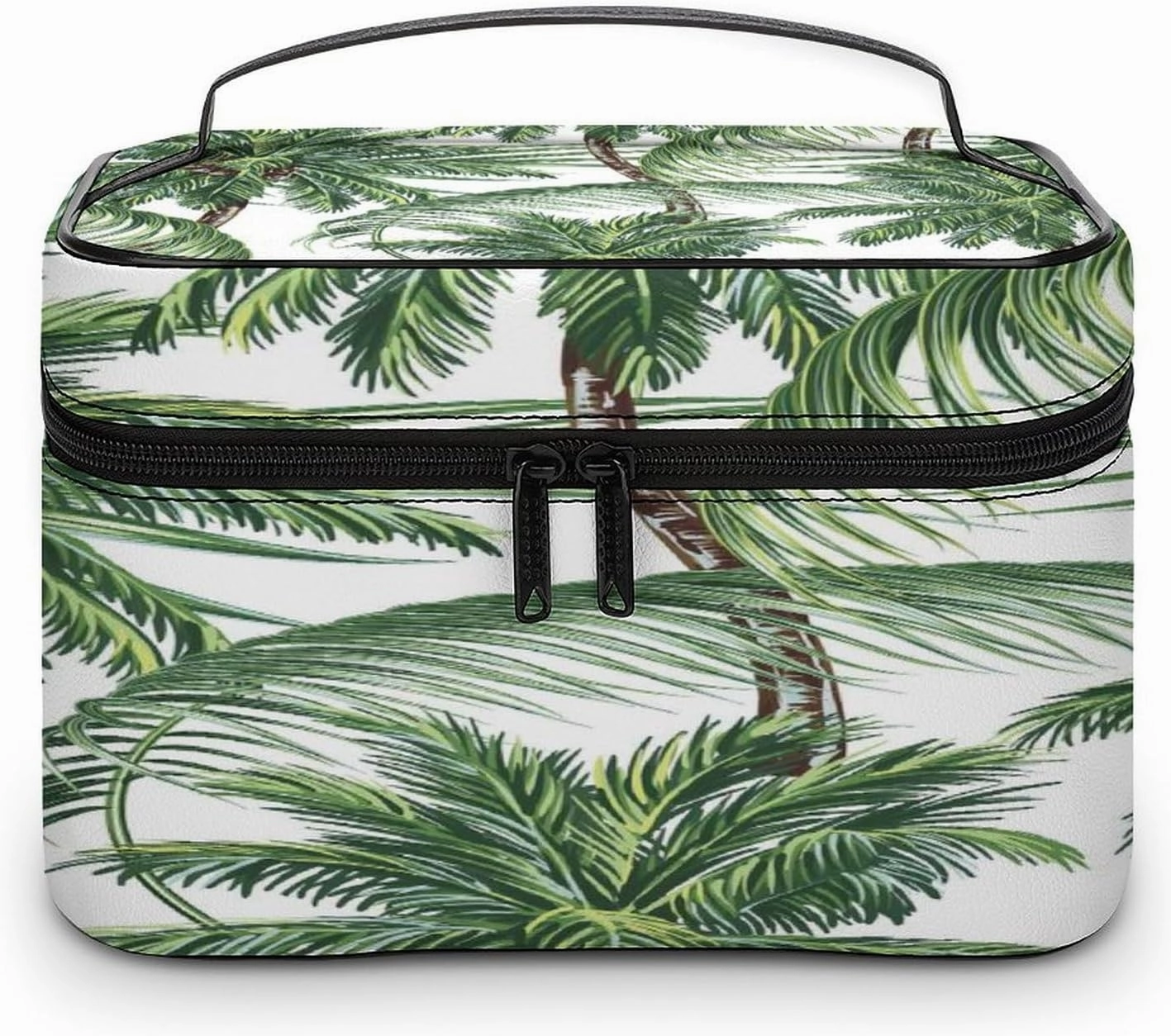 Large Women Wash Bag, Cosmetic Organizer Train Toiletry Storage Case Holder Zipper Makeup Bag Pouch 9.8x7.5x5.9 in Print Seamless Green Palm Trees Tropical Leaves on White