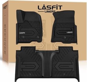LASFIT Floor Mats for Chevy Silverado GMC Sierra 1500 2019-2025, 2020-2025 SLV/SRA 2500 3500 HD Crew Cab (with Rear Under-Seat Storage) All Weather Protector TPE Car Liners, 1st & 2nd Row, 3pcs Black