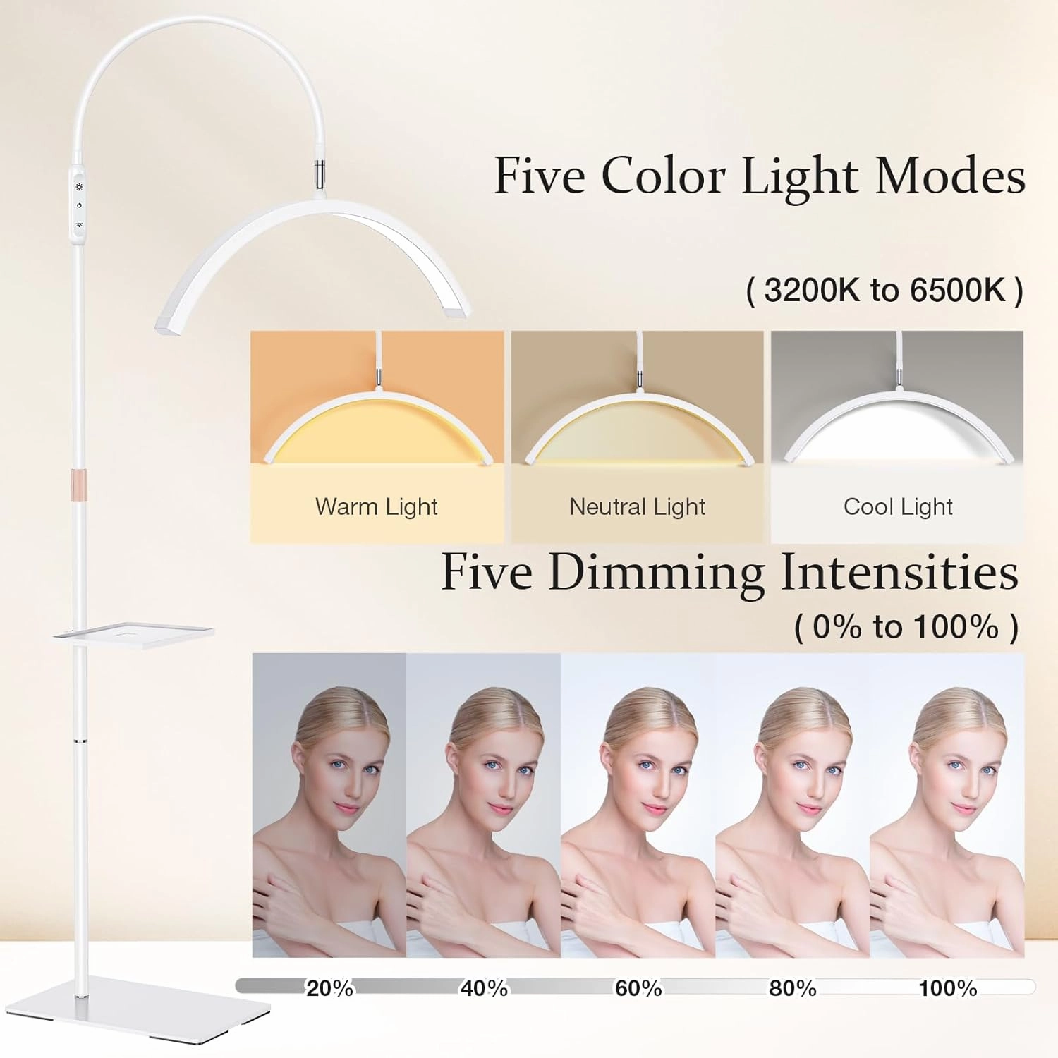 Lash Light, 23 Inch Half Moon Light for Eyelash Extensions, Nail Tech, Tattoo Artist, and Skincare, Flexible Gooseneck LED Floor Lash Lamp, Adjustable Brightness and Height, with Tool Tray (White)