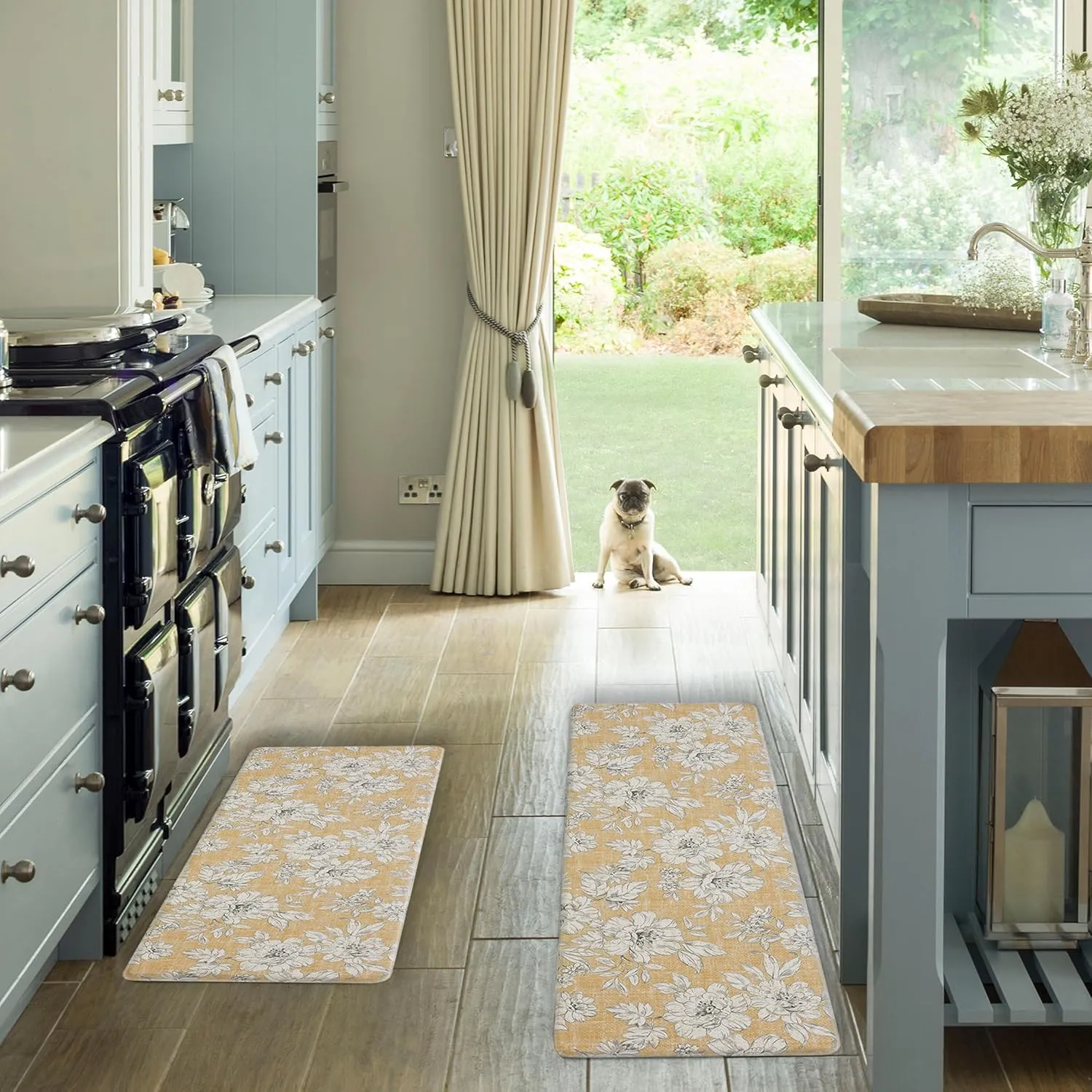 Laura Ashley - Anti-Fatigue Kitchen Mat, Iris Floral Design, Stain, Water & Fade Resistant, Cooking & Standing Relief, Non-Slip Backing, 2 Piece Set, Tawny Yellow