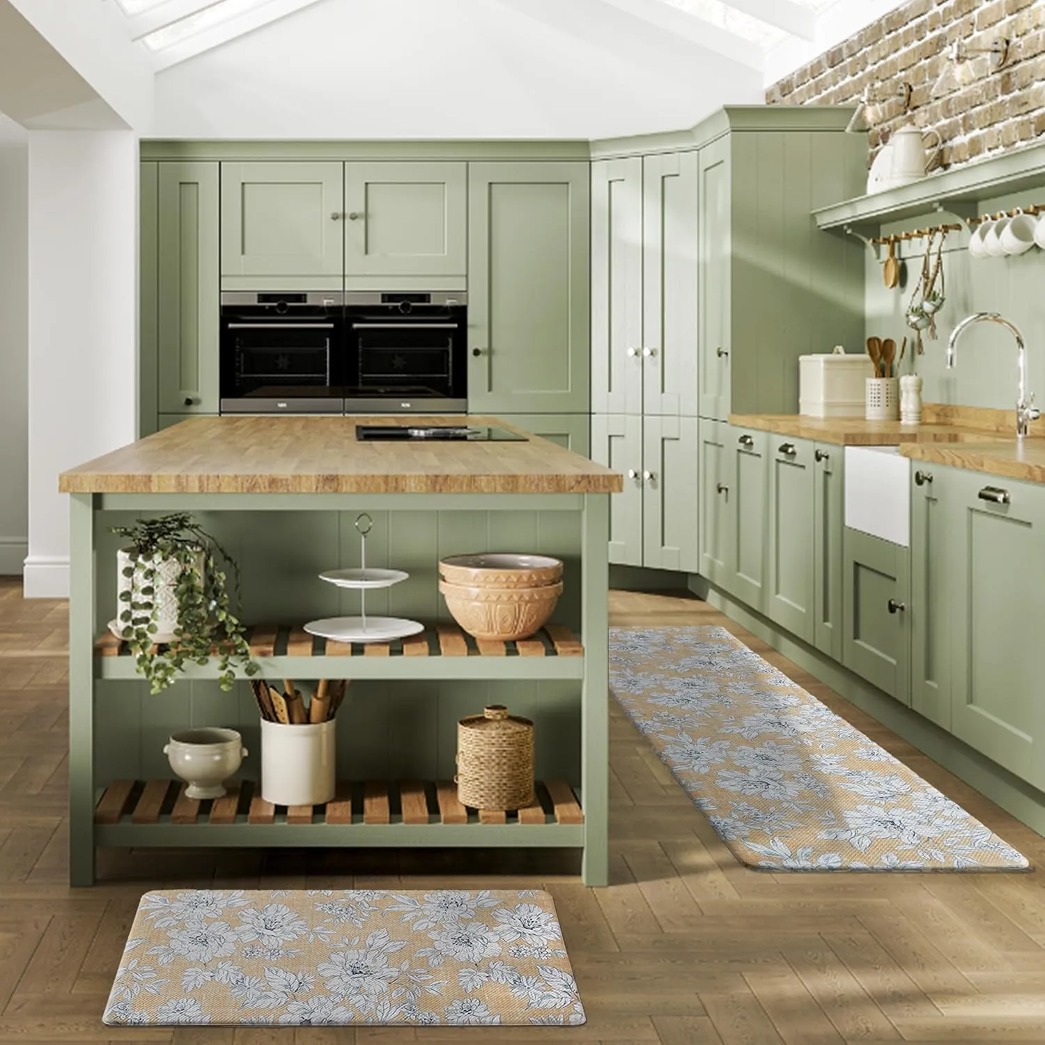 Laura Ashley - Anti-Fatigue Kitchen Mat, Iris Floral Design, Stain, Water & Fade Resistant, Cooking & Standing Relief, Non-Slip Backing, 2 Piece Set, Tawny Yellow
