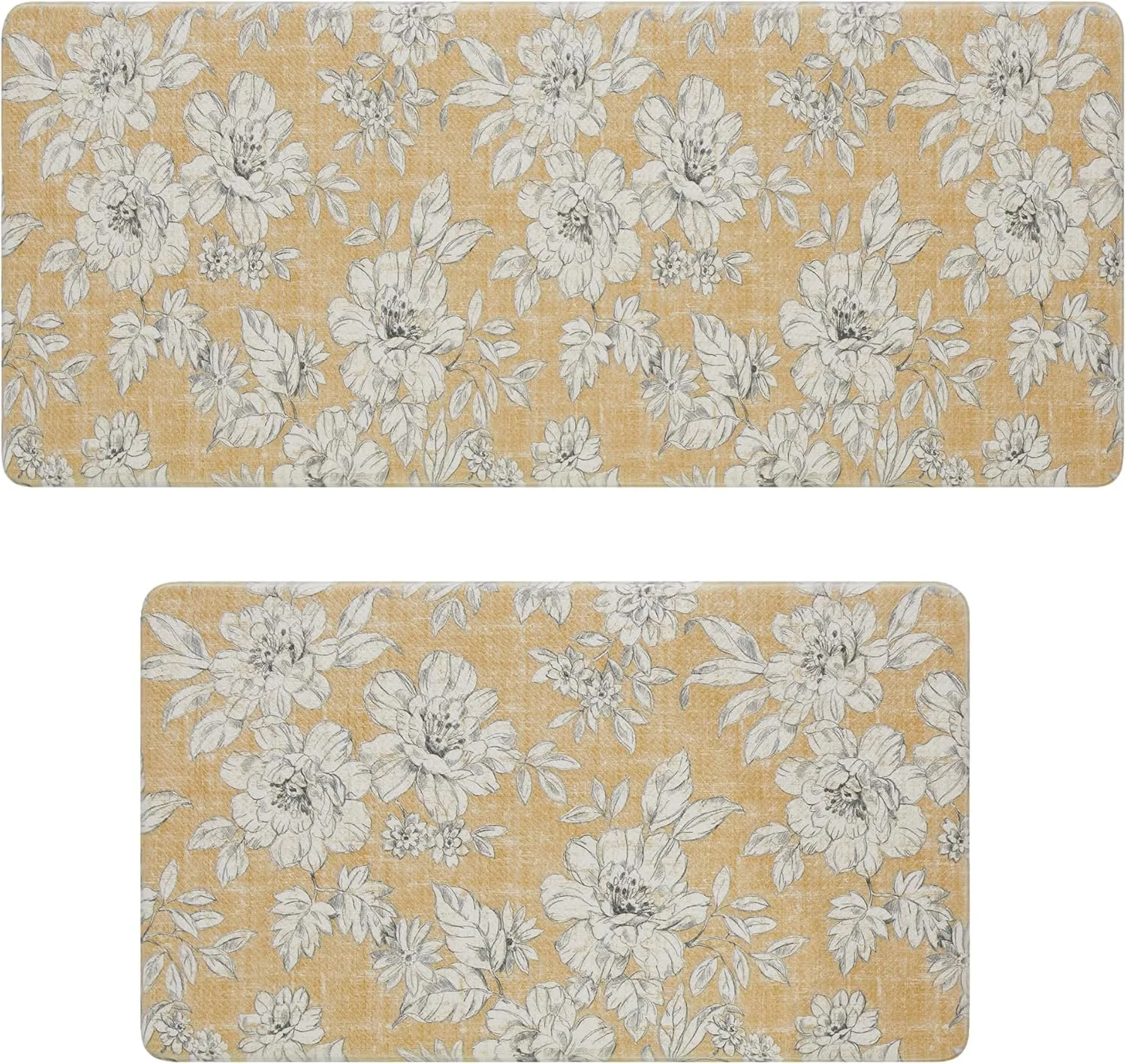 Laura Ashley - Anti-Fatigue Kitchen Mat, Iris Floral Design, Stain, Water & Fade Resistant, Cooking & Standing Relief, Non-Slip Backing, 2 Piece Set, Tawny Yellow