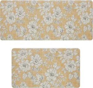 Laura Ashley - Anti-Fatigue Kitchen Mat, Iris Floral Design, Stain, Water & Fade Resistant, Cooking & Standing Relief, Non-Slip Backing, 2 Piece Set, Tawny Yellow