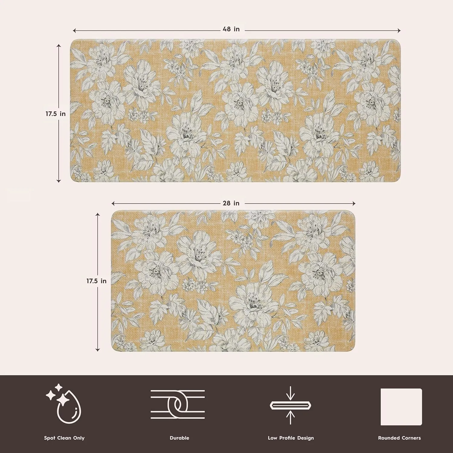 Laura Ashley - Anti-Fatigue Kitchen Mat, Iris Floral Design, Stain, Water & Fade Resistant, Cooking & Standing Relief, Non-Slip Backing, 2 Piece Set, Tawny Yellow