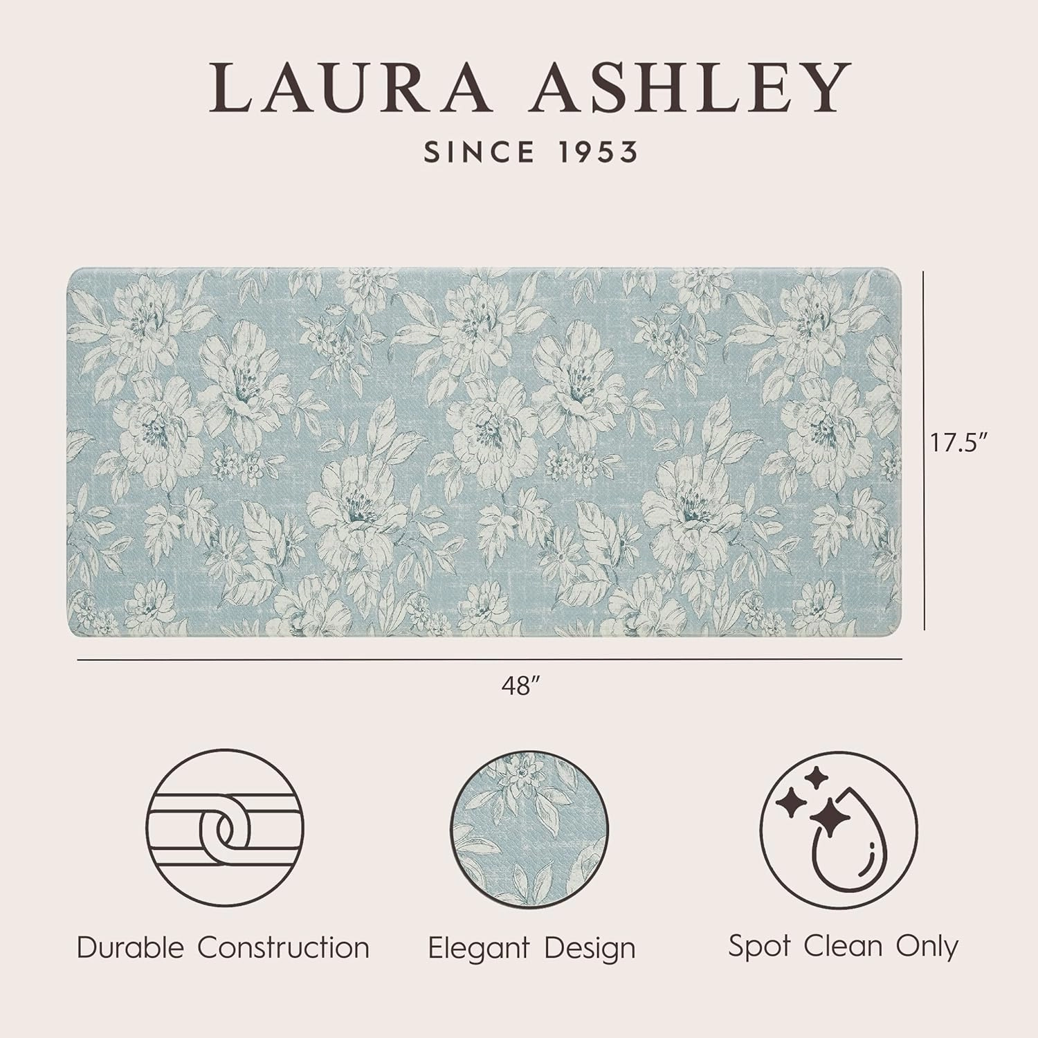 Laura Ashley – Anti-Fatigue Kitchen Mat | Iris Floral Design | Stain, Water & Fade Resistant | Cooking & Standing Relief | Non-Slip Backing | Measures 17.5” x 48”| Light Blue Iris