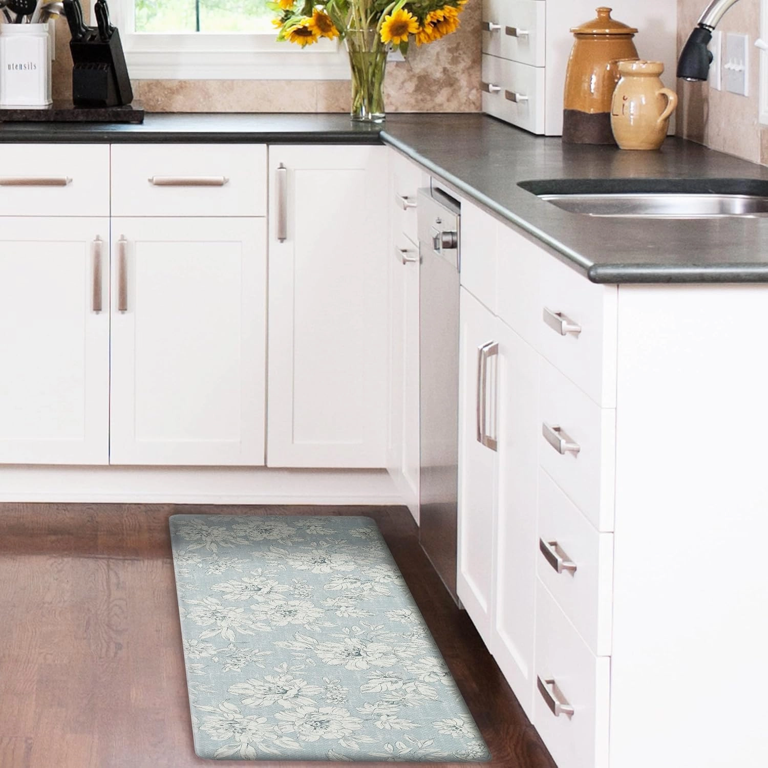 Laura Ashley – Anti-Fatigue Kitchen Mat | Iris Floral Design | Stain, Water & Fade Resistant | Cooking & Standing Relief | Non-Slip Backing | Measures 17.5” x 48”| Light Blue Iris