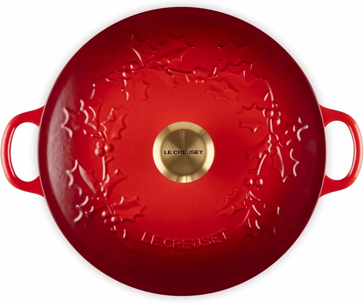 Le Creuset Enameled Cast Iron Holly Collection Soup Pot, 4.5 qt., Cerise with Gold Knob