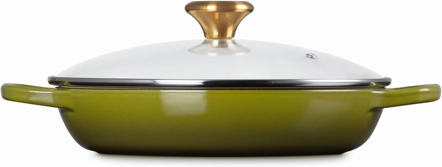 Le Creuset Enameled Cast Iron Signature Round Braiser with Glass Lid, 2.25 qt., Olive with Gold Knob