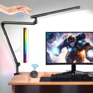 LED Desk Lamp with Clamp, 18W Architect Desk Lamp with Dual Light, Flexible 3 Sections Swing Arm, with RGB Light, with Remote, with Sensor Switch, Stepless Dimming, 4 Color Mode & 5 Brightness