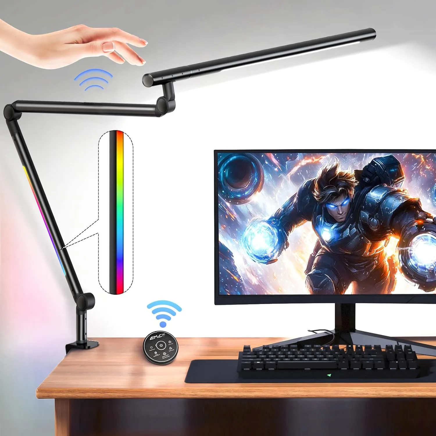 LED Desk Lamp with Clamp, 18W Architect Desk Lamp with Dual Light, Flexible 3 Sections Swing Arm, with RGB Light, with Remote, with Sensor Switch, Stepless Dimming, 4 Color Mode & 5 Brightness